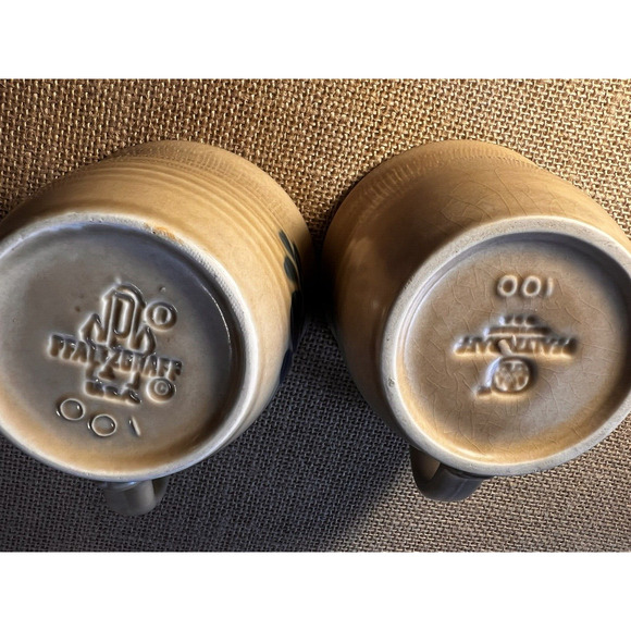 Vintage Pfaltzgraff Folk Art Pattern Tan And Blue Coffee Mugs --Set of 2 - Picture 3 of 8